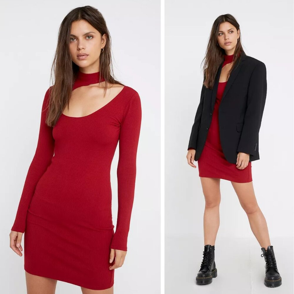 NWT Urban Outfitters Fran Cut-Out Mock-Neck Ribbed Mini Dress Red